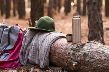 Thermos with hot tea, backpack and clothes in forest