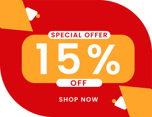 Special offer 15 percent discount banner, Sale and special offer banner. 15% off shop now