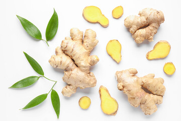 Fresh ginger on white background