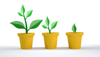 Three sprouts with different numbers of leaves in yellow pots.Gradual growth.On a white background
