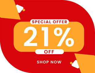Special offer 21 percent discount banner, Sale and special offer banner. 21% off shop now