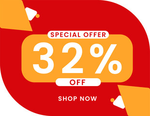 Special offer 32 percent discount banner, Sale and special offer banner. 32% off shop now