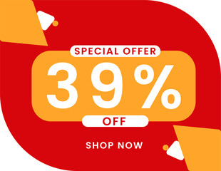 Special offer 39 percent discount banner, Sale and special offer banner. 39% off shop now