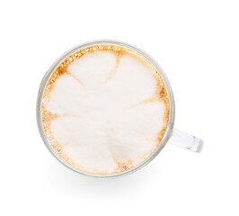 Glass cup of tasty latte on white background
