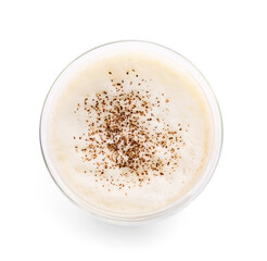 Glass of tasty latte on white background
