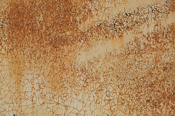Corrosion  metal painted wall with streaks of rust and dry paint flakes. The metal surface rusted...