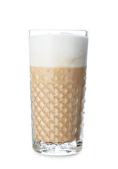 Glass of tasty latte on white background