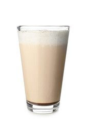 Glass of tasty latte on white background