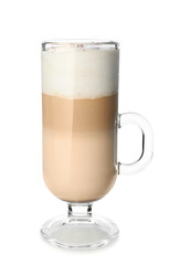 Glass cup of tasty latte on white background