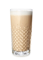 Glass of tasty latte on white background