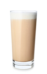 Glass of tasty latte on white background
