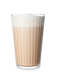 Glass of tasty latte on white background