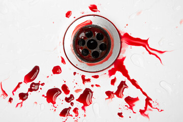 Bleeding blood from mouth on white floor of sink in bathroom