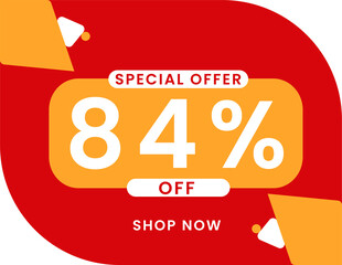 Special offer 84 percent discount banner, Sale and special offer banner. 84% off shop now