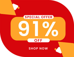 Special offer 91 percent discount banner, Sale and special offer banner. 91% off shop now