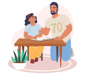 Happy father and daughter reading book together, flat vector illustration. Parent and child relationship.