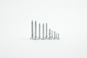 metal self-tapping screws of different diameters and different heights stand point up on a white...