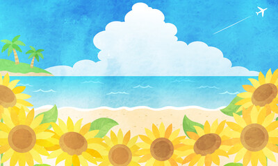 Fototapeta na wymiar 夏のひまわりと海と入道雲の水彩風ベクターイラスト 風景(背景)