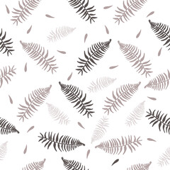 Seamless pattern of fern leaves. Botanical illustration of various shapes and shades of brown. Stock illustration.