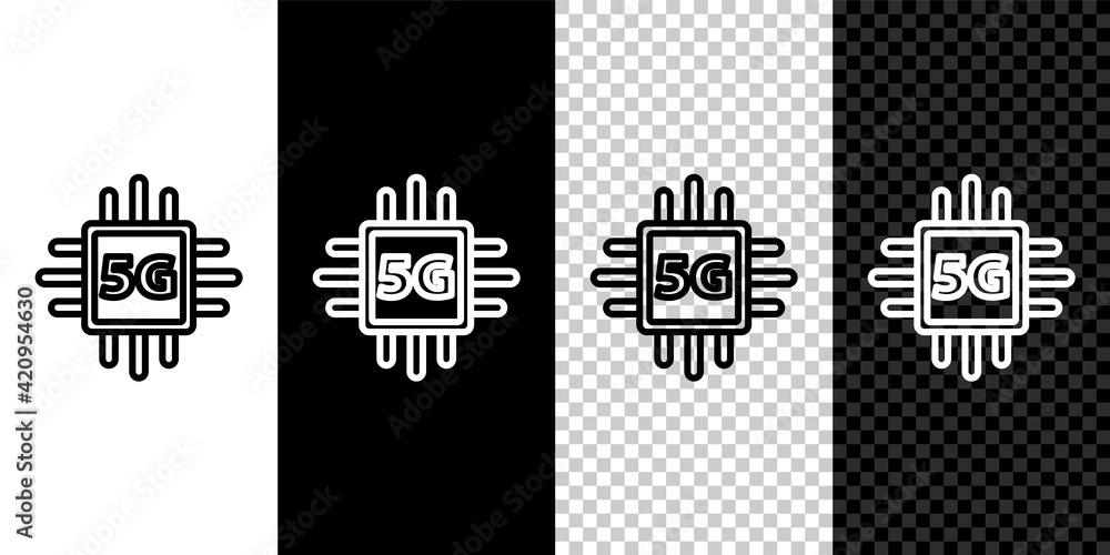 Poster set line computer processor 5g with microcircuits cpu icon isolated on black and white background. c