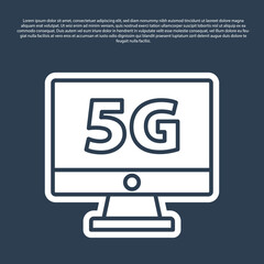 Blue line Monitor with 5G new wireless internet wifi icon isolated on blue background. Global network high speed connection data rate technology. Vector