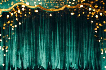 The green curtain made of luxurious velvet on the stage of the theater is fantastically glittering. Concept for a festive performance for St. Patrick's Day, festival, jazz month 