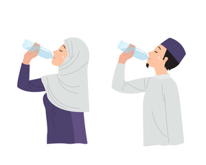Fototapeta premium Muslim man and woman drink water from plastic bottle. Stay hydrated during Ramadan month. Flat vector design