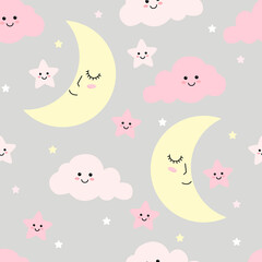 Cute vector clouds, moon, and stars seamless pattern wallpaper factory pattern