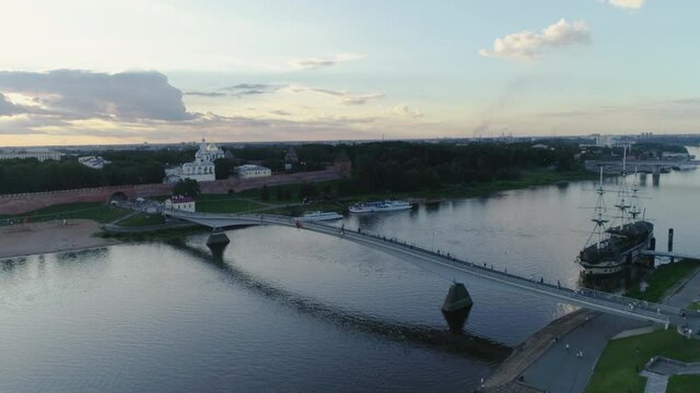 Aerial View of Russian Orthodox white-stone Church. Russia, Velikiy Novgorod. Novgorod Detinets also Novgorod Kremlin