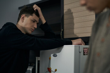 Staged photo illustrates problems and conflicts in gay couple relationships. Moment of showdown:...
