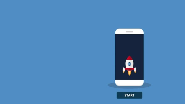 App launch. Startup concept, rocket or rocketship launch, mobile phone or smartphone, idea of successful business project start up, boost technology, innovation.