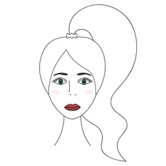 The girls face. Sketch. Head of a woman full face. Vector illustration. Long hair tied in a ponytail. Green eyes. Blush on the cheeks. The lips are painted with lipstick. Long eyelashes. 
