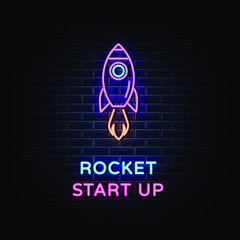 Rocket start up neon sign vector. 