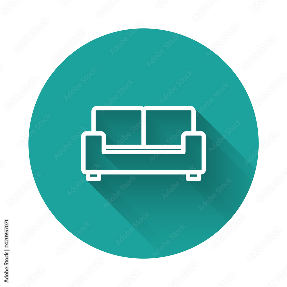 Poster white line sofa icon isolated with long shadow. green circle button. vector