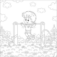 Cheerful little boy in light and sport clothes pulling himself up on a sport horizontal bar on a playground in a summer park of a pretty small town, black and white vector cartoon illustration