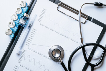 Statistics doctor. Healthcare medical infographic, doctor health stethoscope and analysis vaccination statistics on hospital background. Vaccine vial by needle syringe with stock index chart.