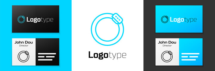 Blue line Bicycle brake disc icon isolated on white background. Logo design template element. Vector