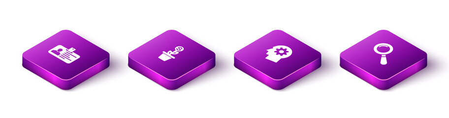 Set Isometric Identification badge, Dollar plant in the pot, Human head with gear inside and Magnifying glass icon. Vector