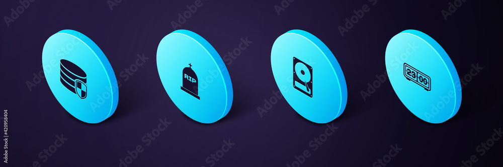 Poster set isometric retro flip clock, hard disk drive hdd, tombstone with rip written and database protect