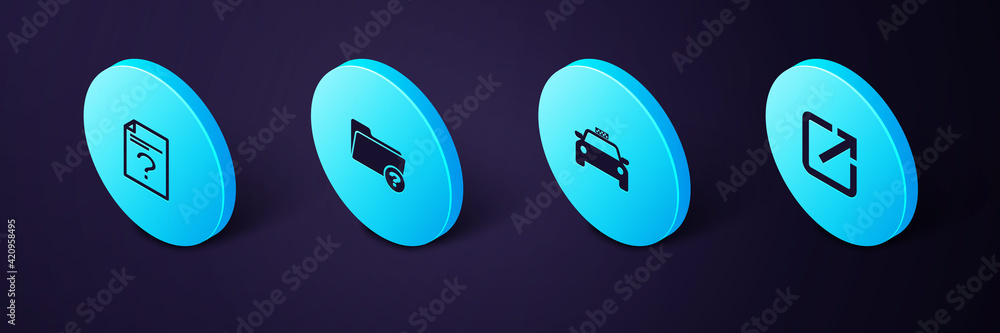 Poster set isometric open in new window, taxi car, unknown directory and document icon. vector