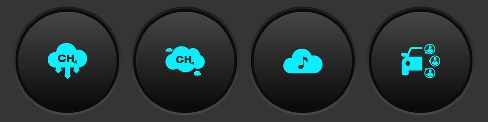 Set Methane emissions reduction, , Music streaming service and Car sharing icon. Vector