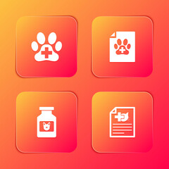 Set Veterinary clinic, Medical certificate for dog or cat, Dog medicine bottle and icon. Vector