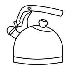 Kettle. Whistle kettle. Kitchenware. Graphic arts. Outline drawing. Silhouette, sign, emblem. White background. Close-up.