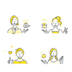 お得な特典に満足して喜ぶ若い女性のシンプルでおしゃれな線画素材セット