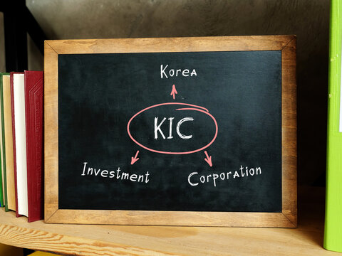  KIC Korea Investment Corporation inscription. Still life with stack of colorful books and chalkboard