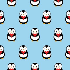 seamless pattern texture of penguin and heart on blue background.