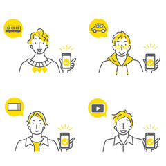 スマホを持って便利に生活する若い男性のシンプルでお洒落な線画イラストセット