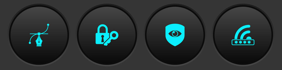 Set Bezier curve, Lock and key, Shield eye and Wifi locked icon. Vector