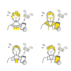 高いスマホ料金に不満な若い男性のシンプルでおしゃれな線画イラストセット