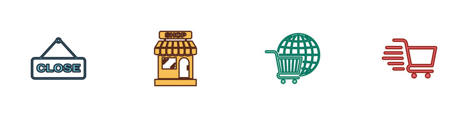 Set Hanging sign with Close, Market store, Shopping cart globe and icon. Vector